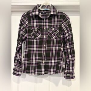 Aqua Purple and Black Plaid Button Down Shirt